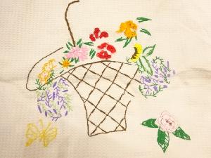 アンティーク　花籠模様刺繍敷物